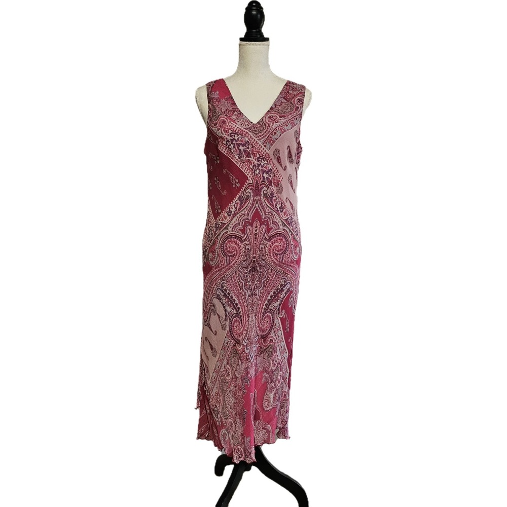 Vintage Y2K Silk Pink Purple Paisley Maxi Dress Size 14 Fairy Ethereal Whimsical